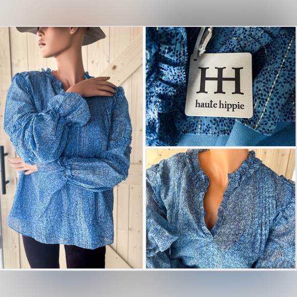 New Haute Hippie AZURE BLUE MULT bellowed arm blouse $325 L